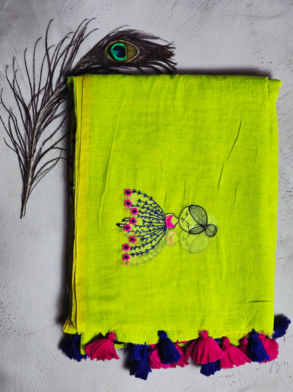 Lime Yellow Mul Cotton Saree with Pink & Navy Floral Embroidery & Tassels