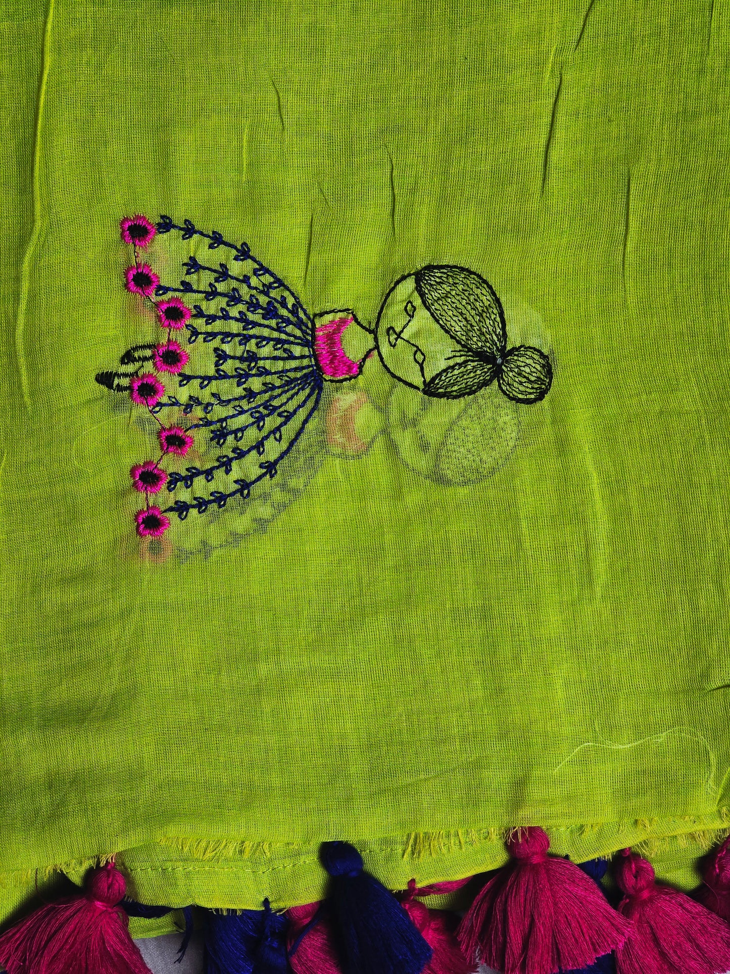 Lime Yellow Mul Cotton Saree with Pink & Navy Floral Embroidery & Tassels