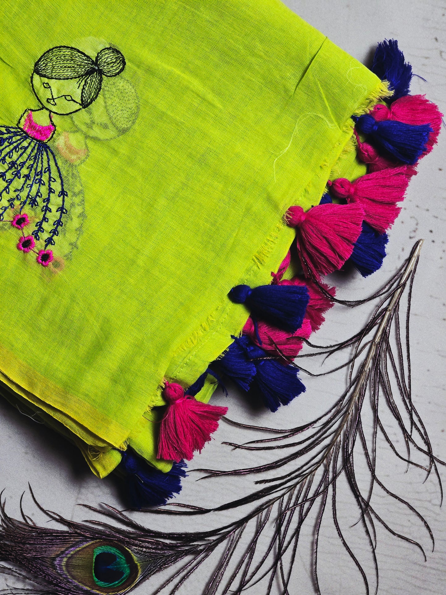 Lime Yellow Mul Cotton Saree with Pink & Navy Floral Embroidery & Tassels