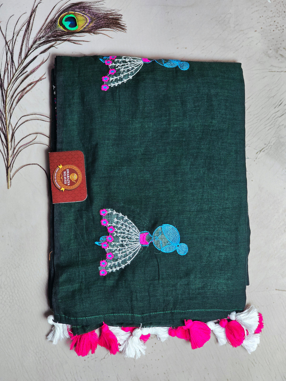 Deep Teal Mul Cotton Saree with Pink & White Floral Embroidery & Tassels