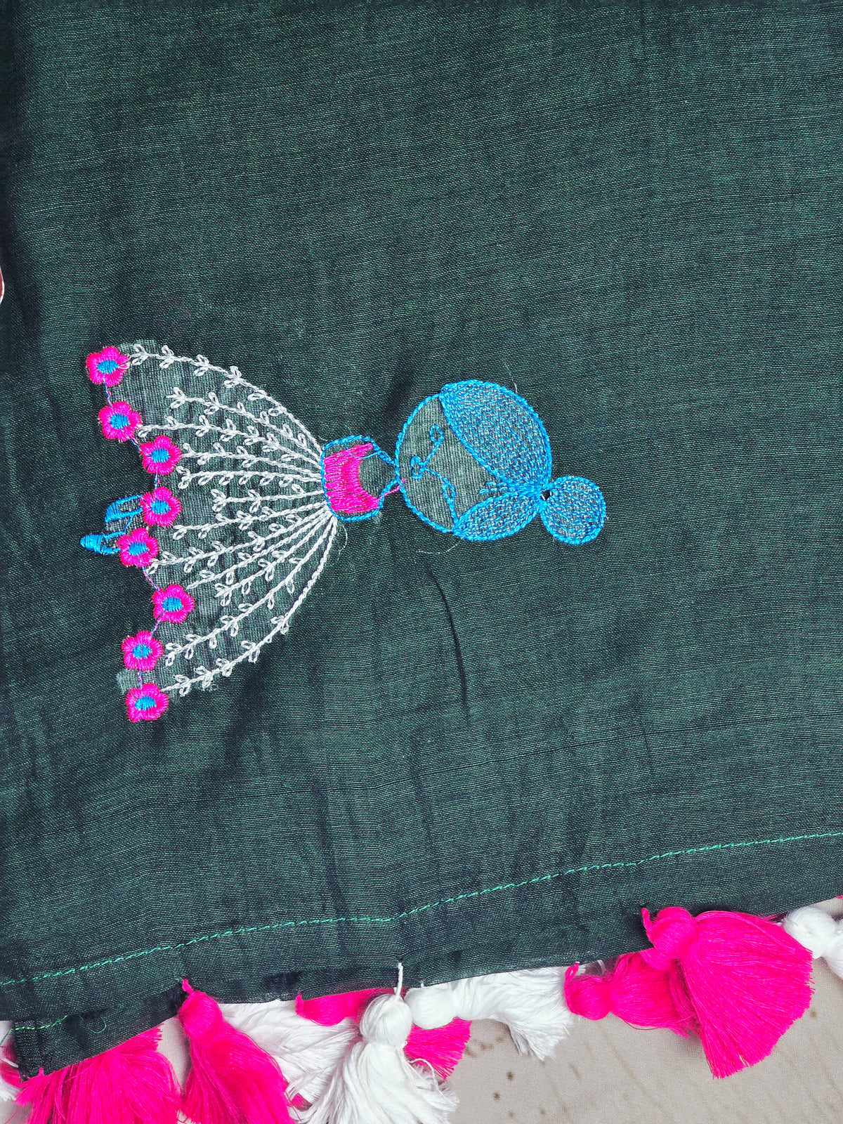 Deep Teal Mul Cotton Saree with Pink & White Floral Embroidery & Tassels