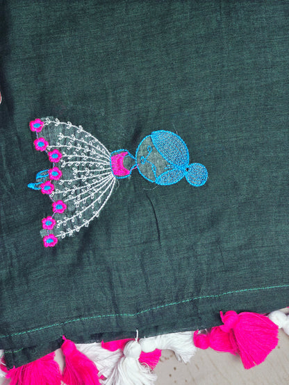Deep Teal Mul Cotton Saree with Pink & White Floral Embroidery & Tassels