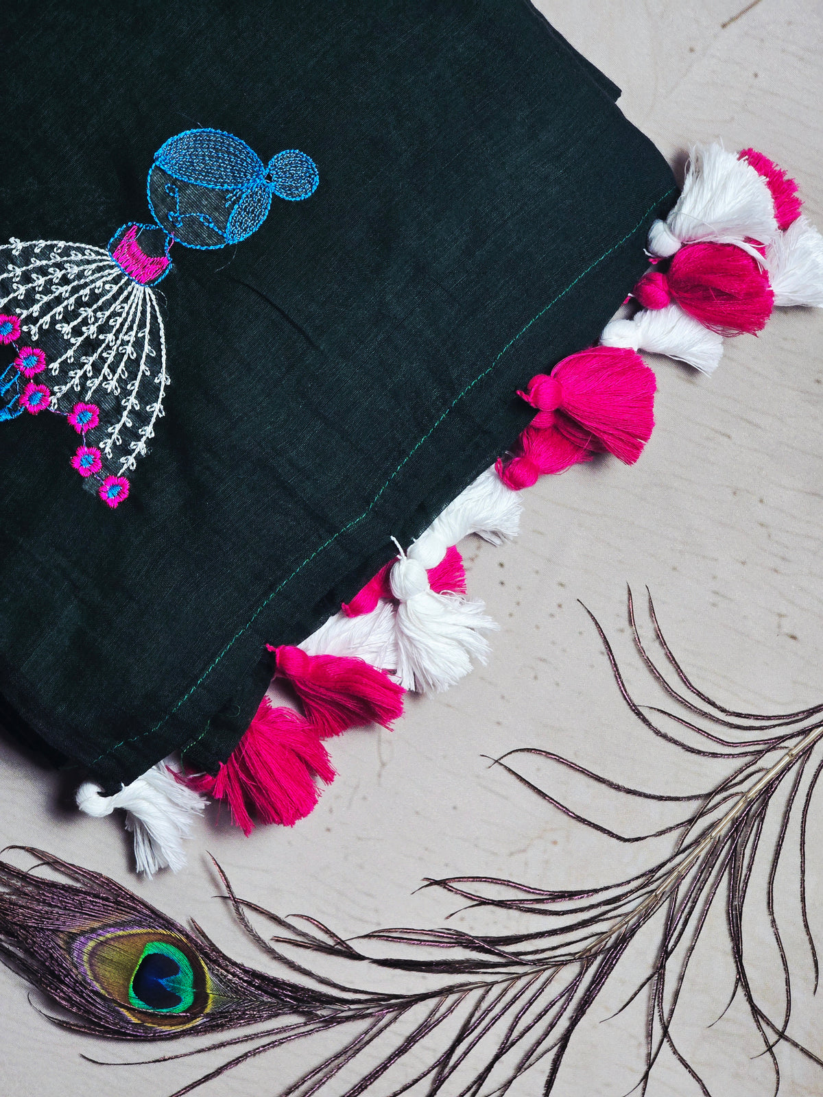 Deep Teal Mul Cotton Saree with Pink & White Floral Embroidery & Tassels
