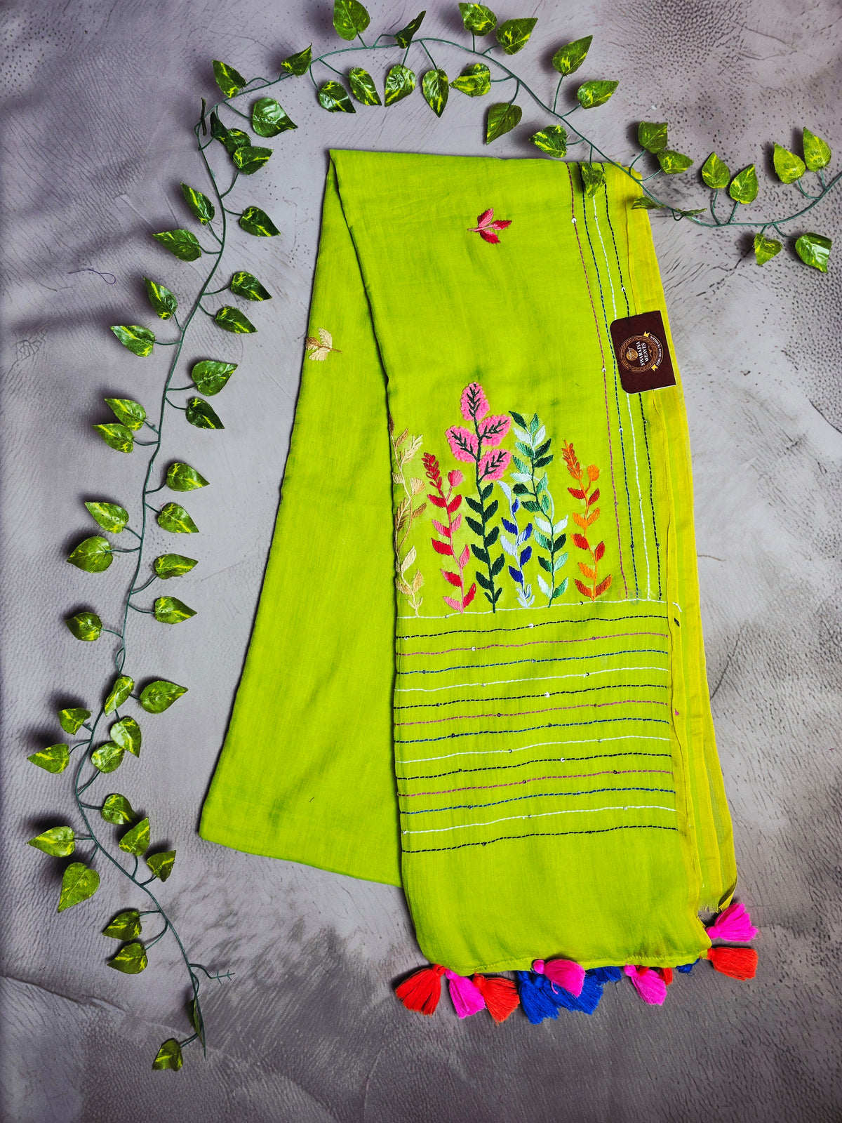 Lime Green Mul Cotton Saree with Multicolour Floral Embroidery & Tassels