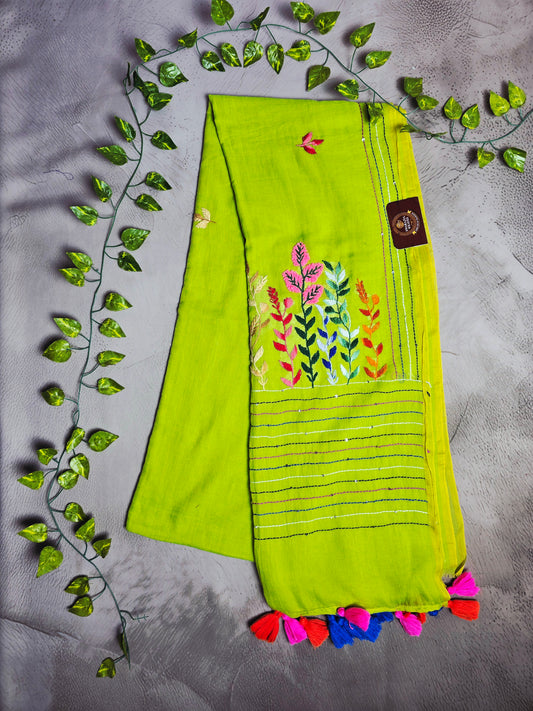 Lime Green Mul Cotton Saree with Multicolour Floral Embroidery & Tassels
