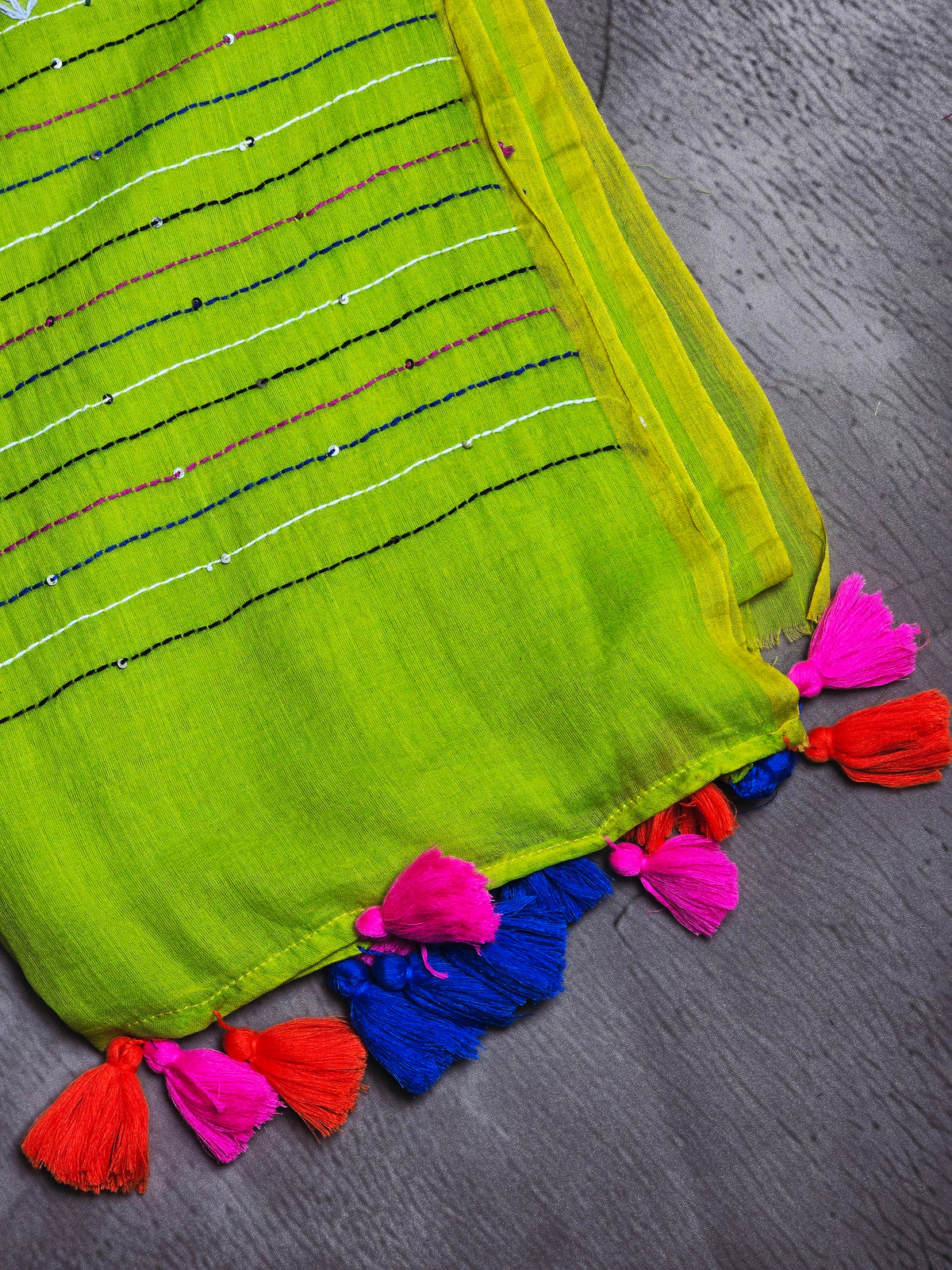 Lime Green Mul Cotton Saree with Multicolour Floral Embroidery & Tassels