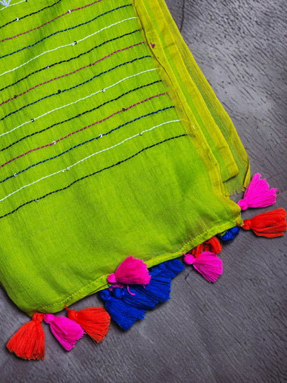 Lime Green Mul Cotton Saree with Multicolour Floral Embroidery & Tassels