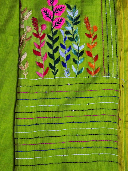 Lime Green Mul Cotton Saree with Multicolour Floral Embroidery & Tassels