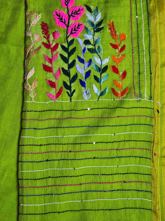 Lime Green Mul Cotton Saree with Multicolour Floral Embroidery & Tassels