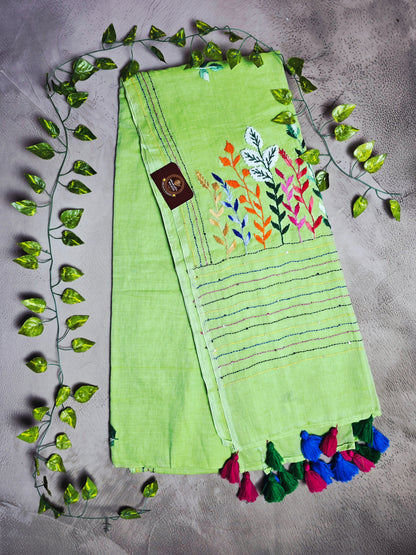 Pistachio Green Mul Cotton Saree with Multicolour Floral Embroidery & Tassels