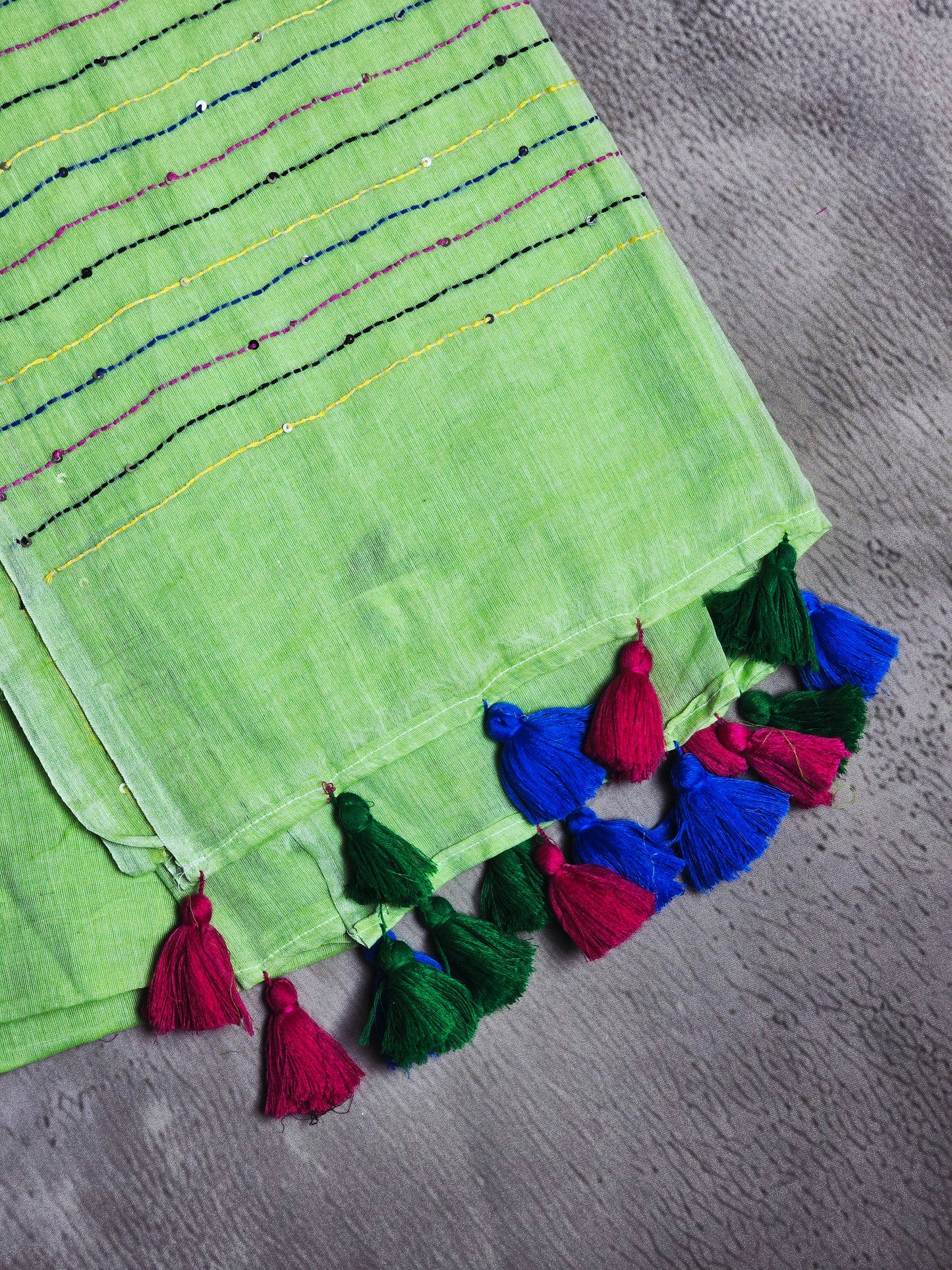 Pistachio Green Mul Cotton Saree with Multicolour Floral Embroidery & Tassels