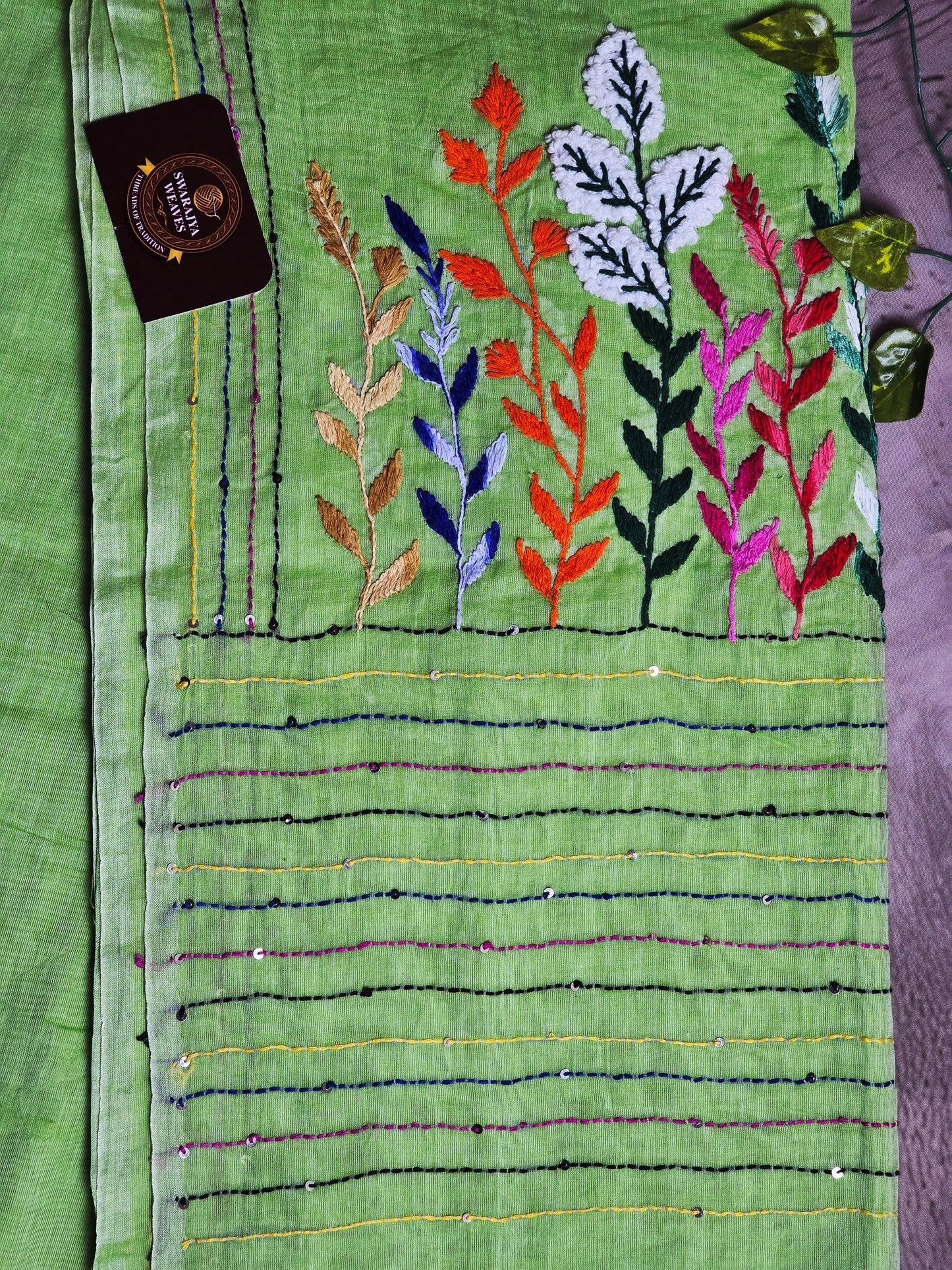 Pistachio Green Mul Cotton Saree with Multicolour Floral Embroidery & Tassels