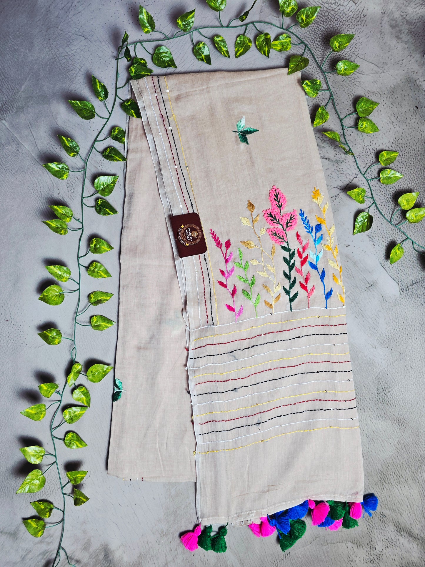 Ivory Beige Mul Cotton Saree with Multicolour Floral Embroidery & Tassels