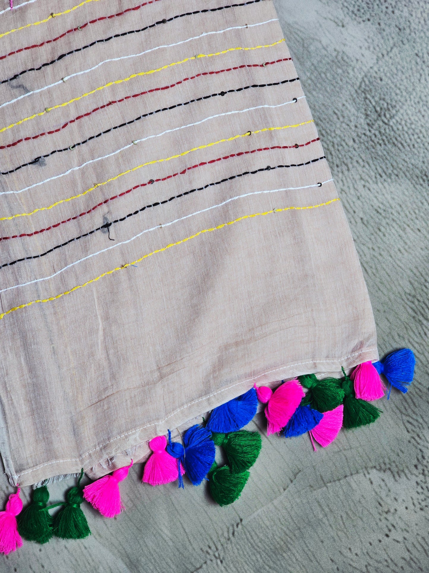 Ivory Beige Mul Cotton Saree with Multicolour Floral Embroidery & Tassels