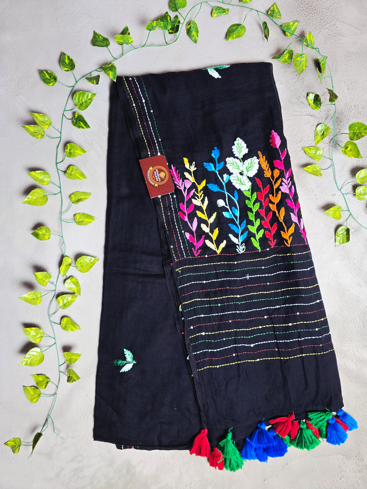Midnight Black Mul Cotton Saree with Multicolour Floral Embroidery & Tassels