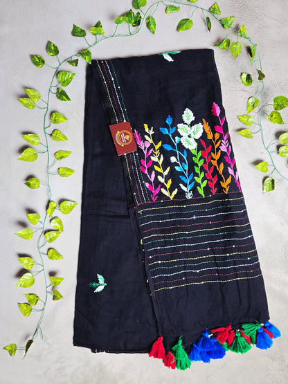 Midnight Black Mul Cotton Saree with Multicolour Floral Embroidery & Tassels