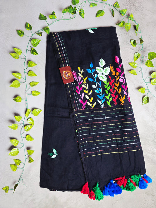 Midnight Black Mul Cotton Saree with Multicolour Floral Embroidery & Tassels
