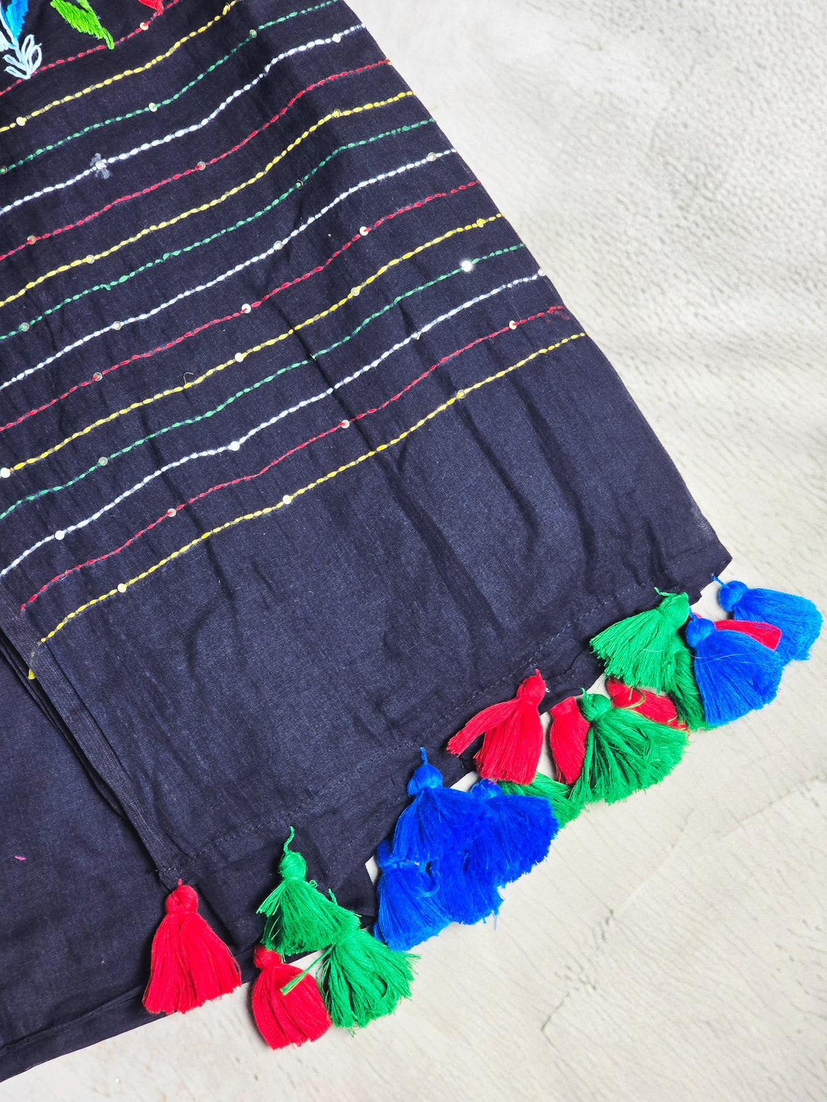 Midnight Black Mul Cotton Saree with Multicolour Floral Embroidery & Tassels
