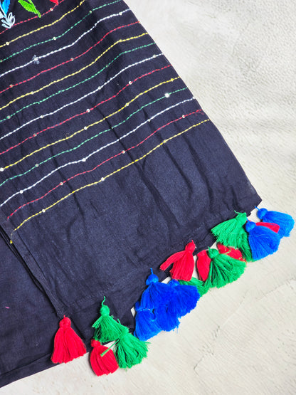 Midnight Black Mul Cotton Saree with Multicolour Floral Embroidery & Tassels