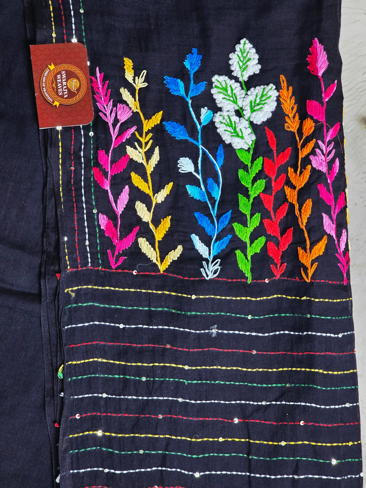 Midnight Black Mul Cotton Saree with Multicolour Floral Embroidery & Tassels