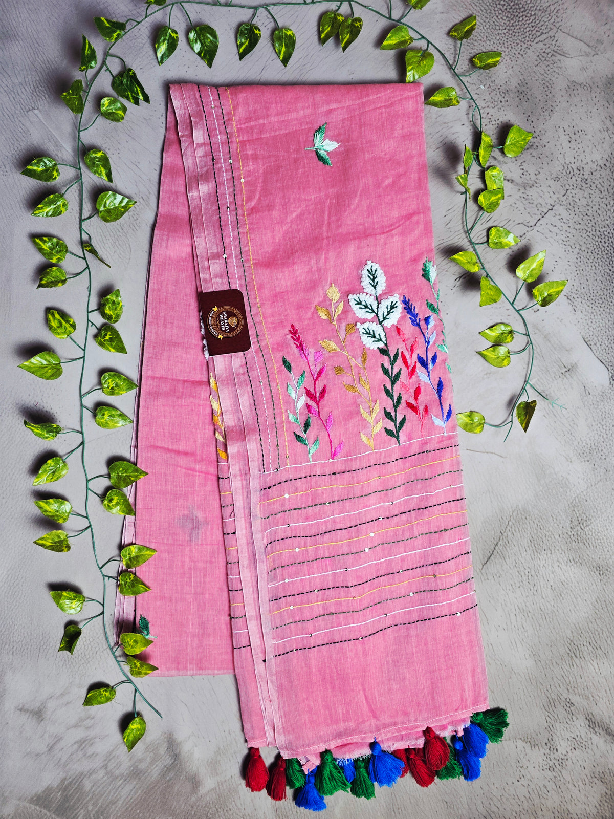 Rose Pink Mul Cotton Saree with Multicolour Floral Embroidery & Tassels