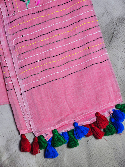 Rose Pink Mul Cotton Saree with Multicolour Floral Embroidery & Tassels