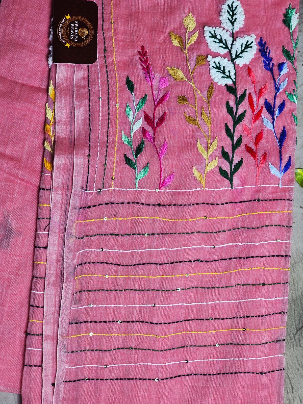 Rose Pink Mul Cotton Saree with Multicolour Floral Embroidery & Tassels
