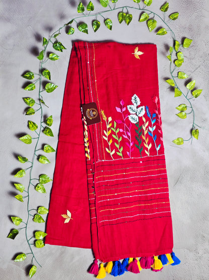 Crimson Red Mul Cotton Saree with Multicolour Floral Embroidery & Tassels