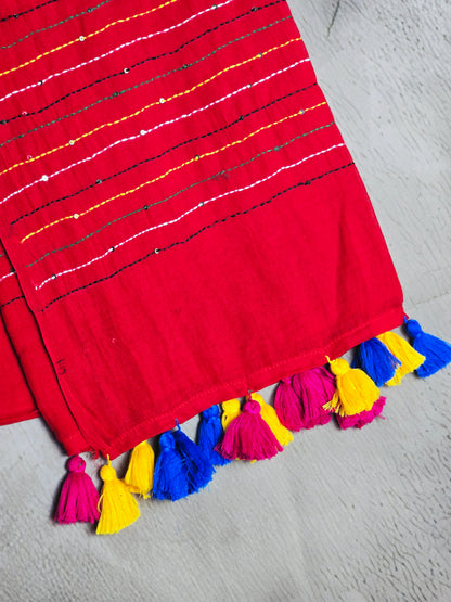 Crimson Red Mul Cotton Saree with Multicolour Floral Embroidery & Tassels
