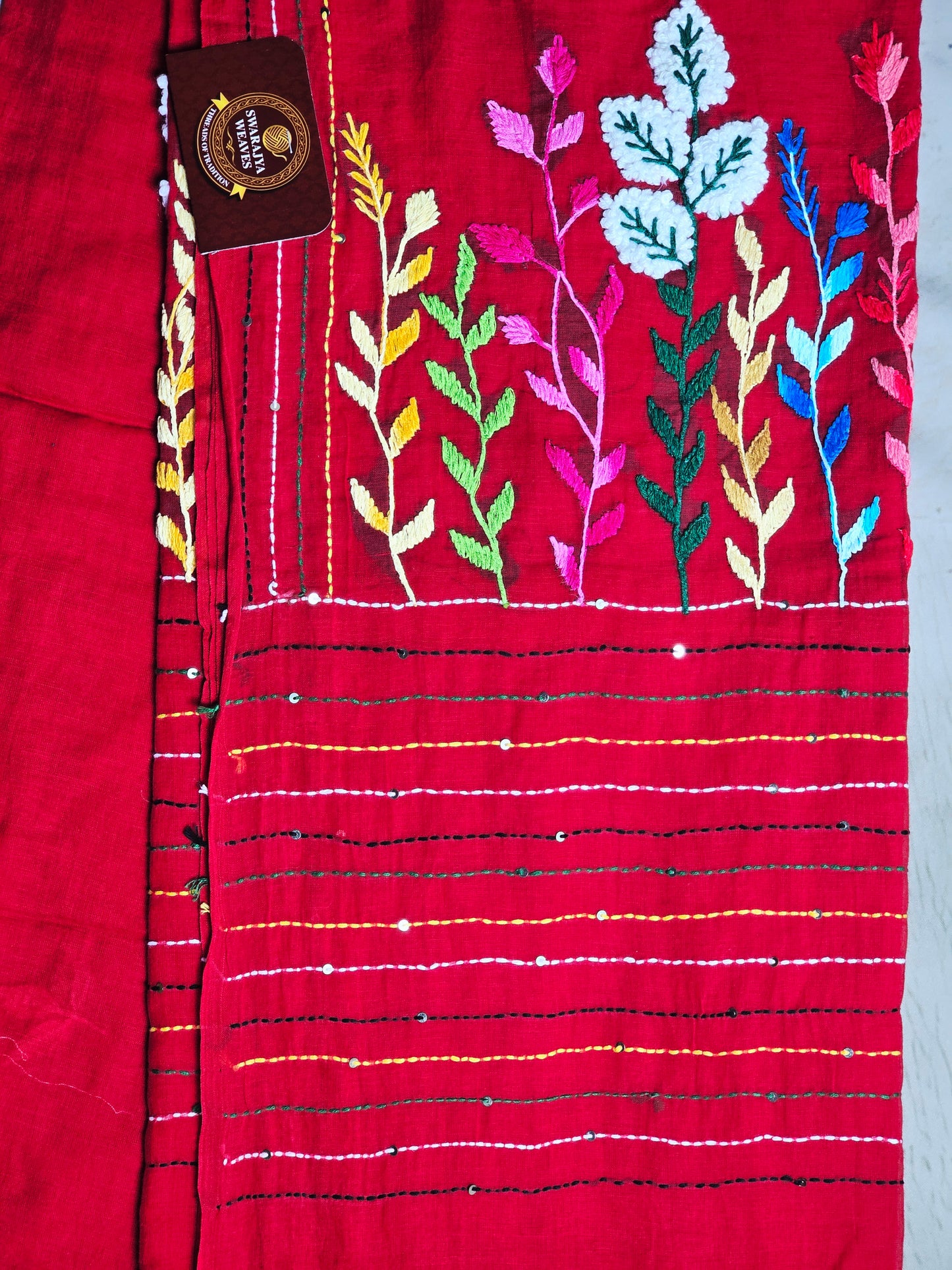 Crimson Red Mul Cotton Saree with Multicolour Floral Embroidery & Tassels