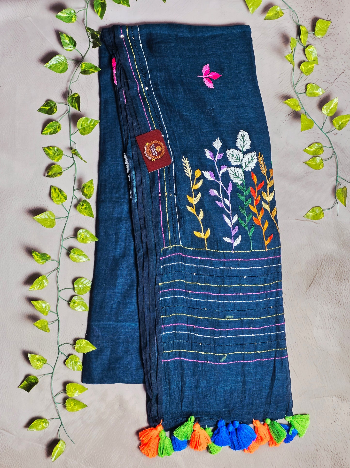 Midnight Blue Mul Cotton Saree with Multicolour Floral Embroidery & Tassels