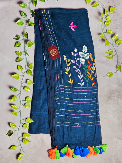 Midnight Blue Mul Cotton Saree with Multicolour Floral Embroidery & Tassels
