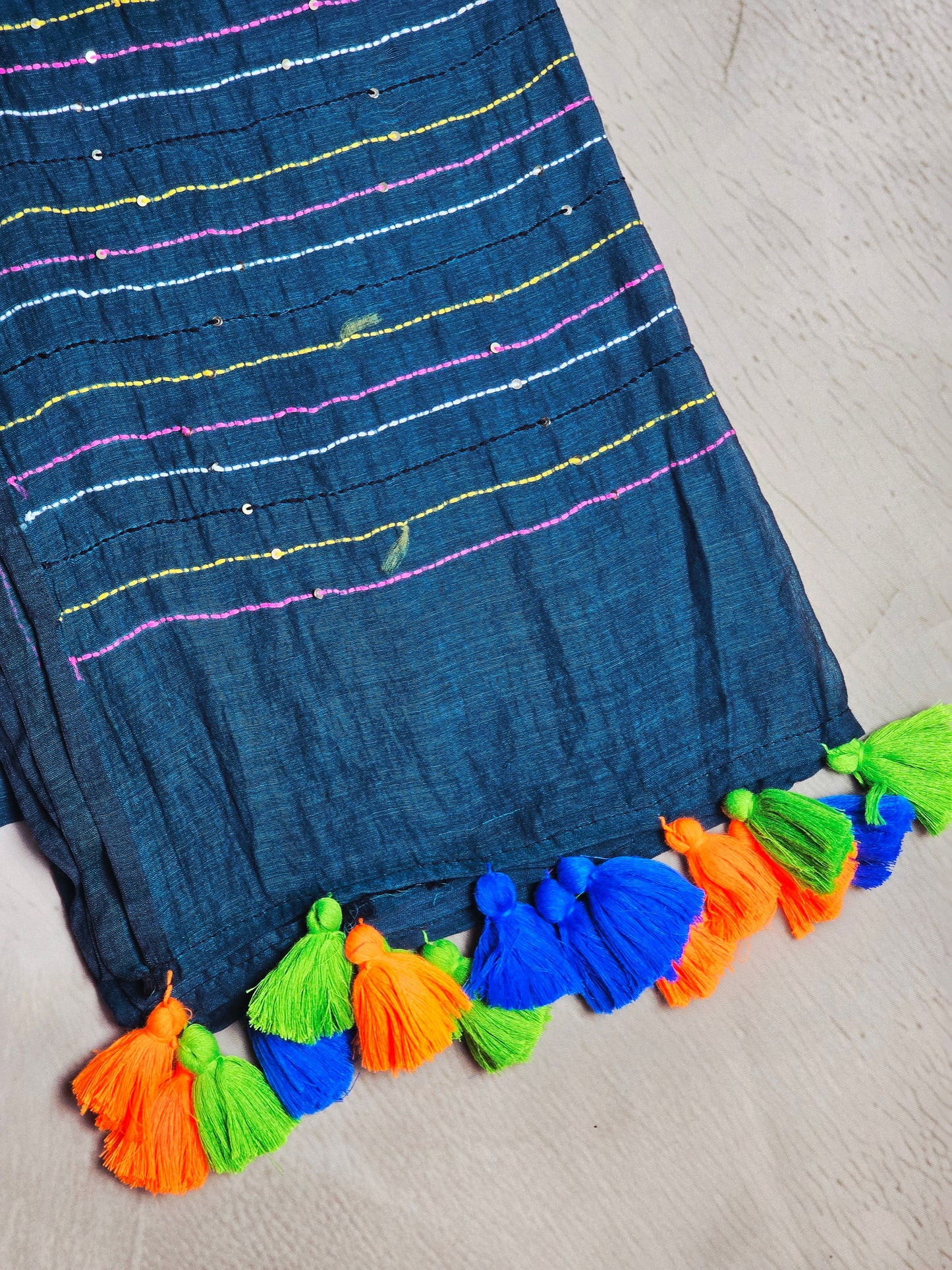 Midnight Blue Mul Cotton Saree with Multicolour Floral Embroidery & Tassels
