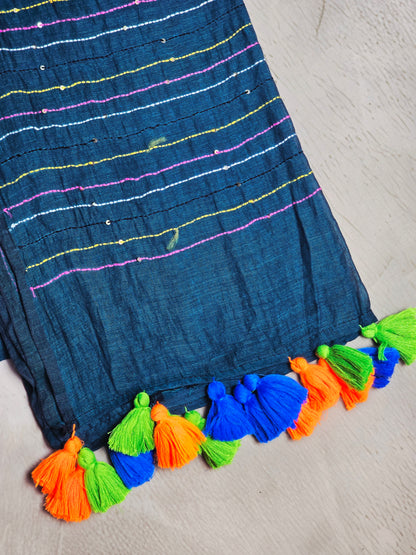 Midnight Blue Mul Cotton Saree with Multicolour Floral Embroidery & Tassels