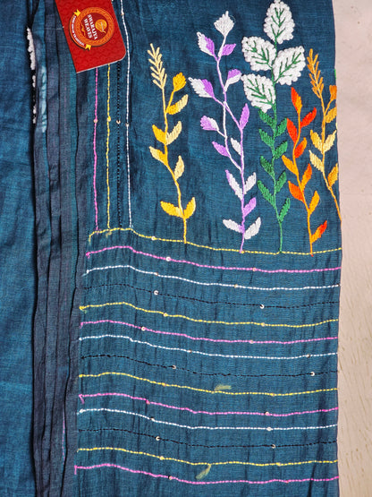 Midnight Blue Mul Cotton Saree with Multicolour Floral Embroidery & Tassels