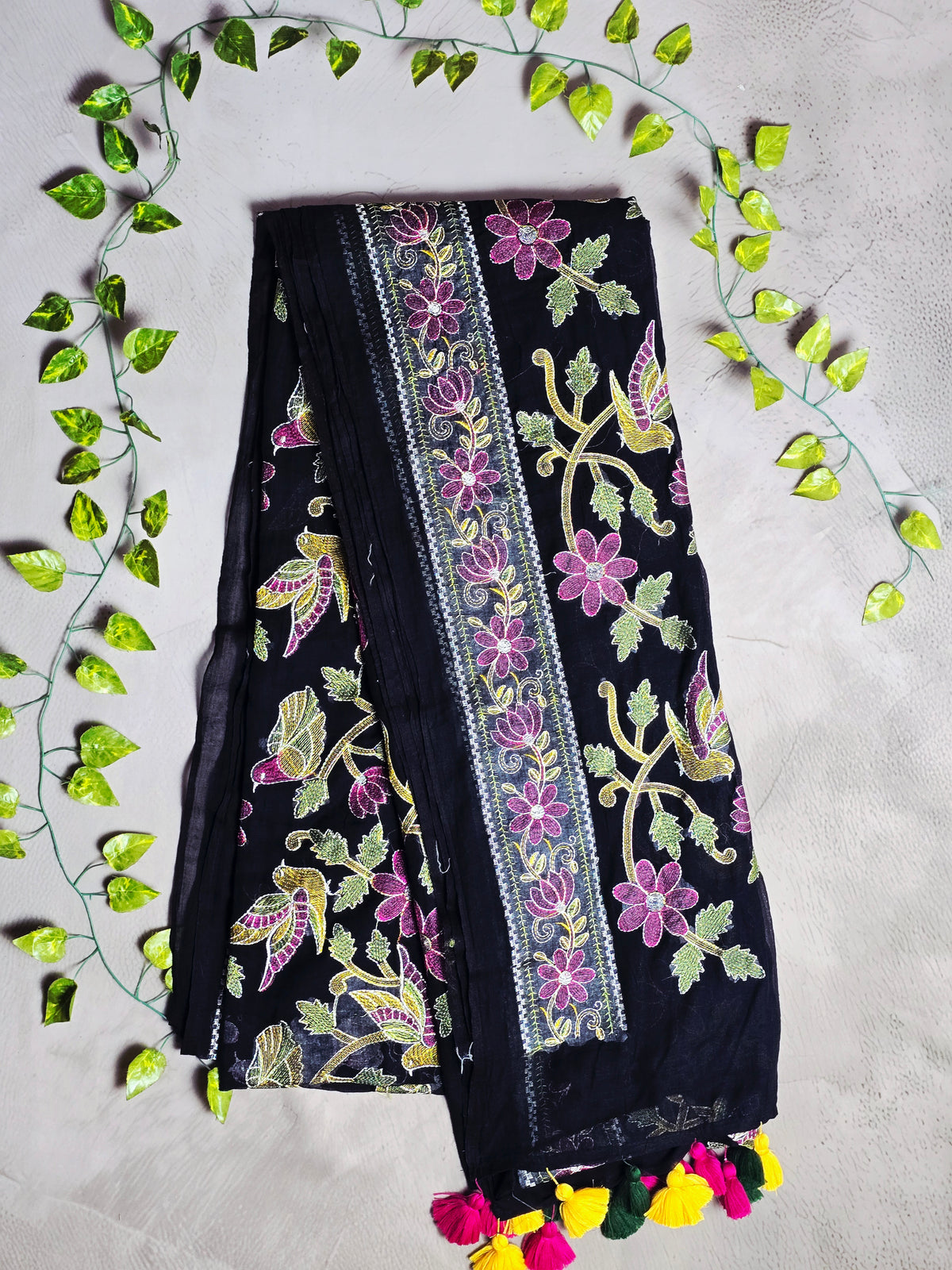 Midnight Black Mul Cotton Saree with Intricate Floral Embroidery & Multicolour Tassels