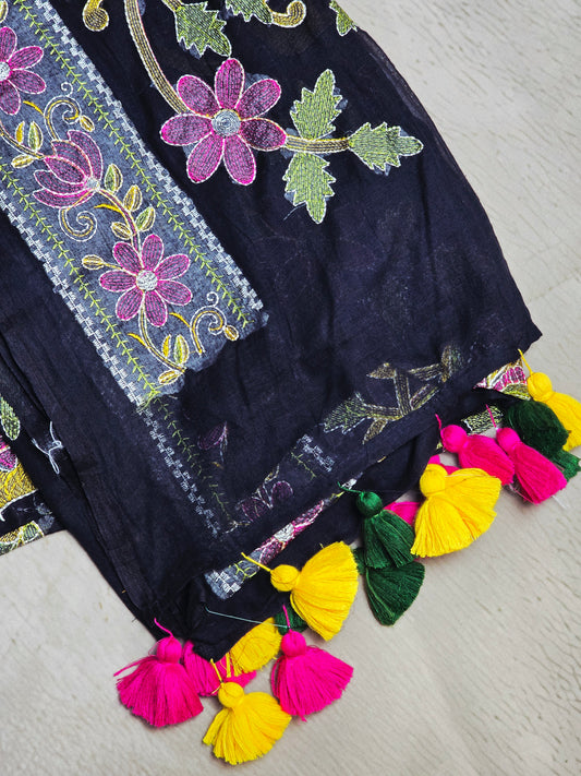 Midnight Black Mul Cotton Saree with Intricate Floral Embroidery & Multicolour Tassels