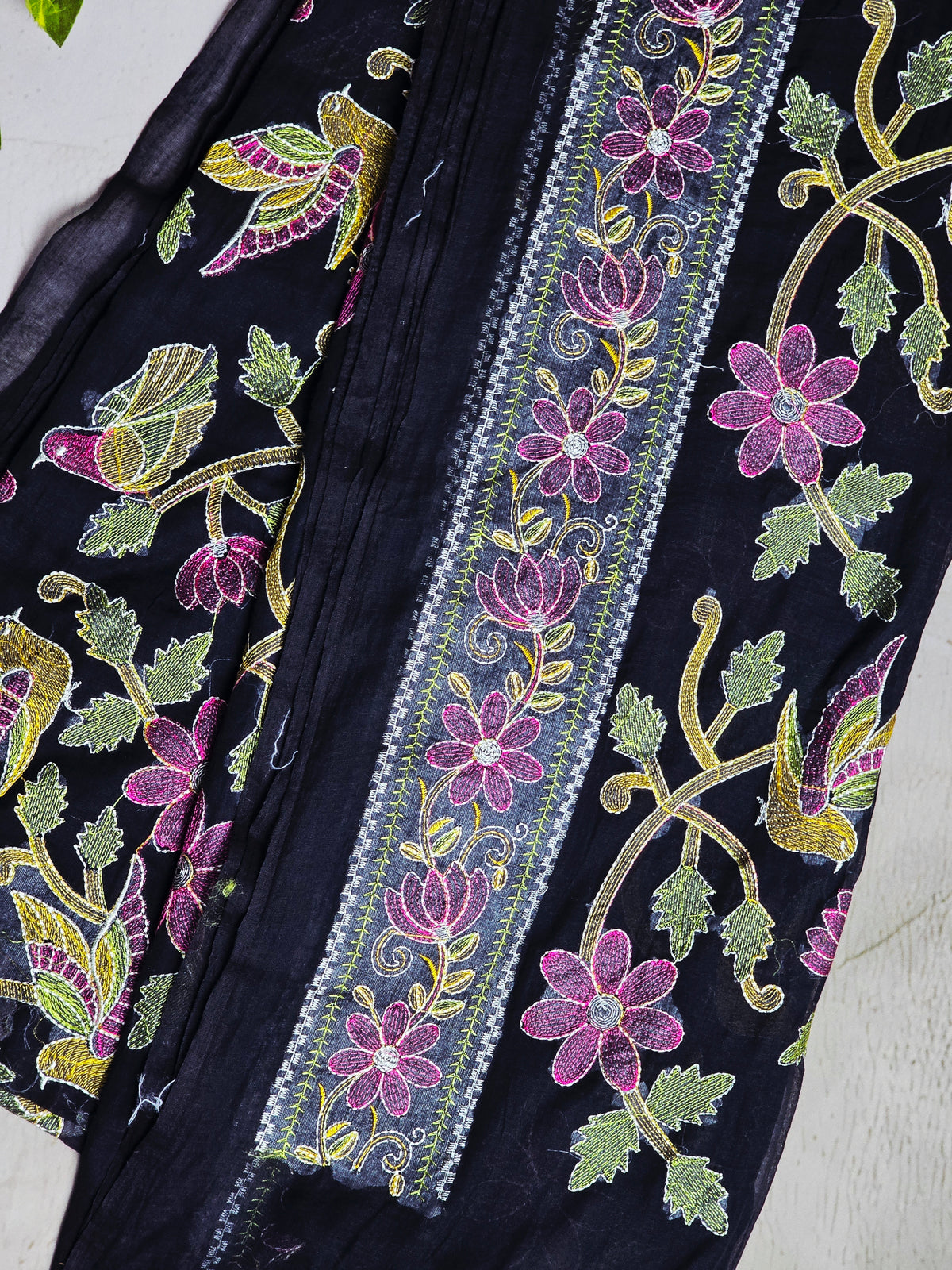 Midnight Black Mul Cotton Saree with Intricate Floral Embroidery & Multicolour Tassels