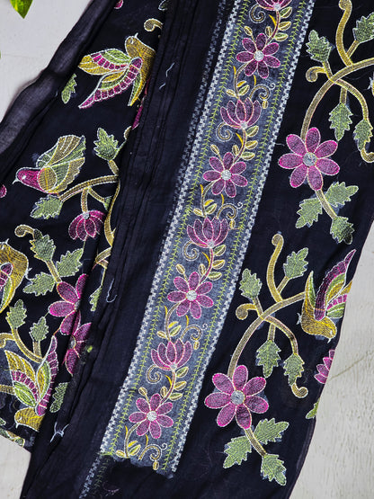 Midnight Black Mul Cotton Saree with Intricate Floral Embroidery & Multicolour Tassels