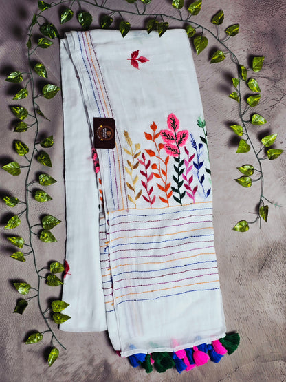 Ivory White Mul Cotton Saree with Multicolour Floral Embroidery & Tassels