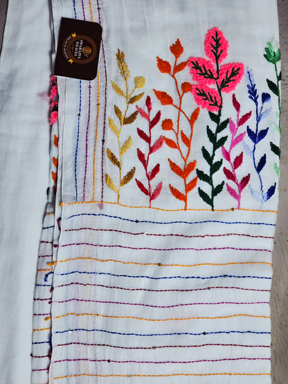 Ivory White Mul Cotton Saree with Multicolour Floral Embroidery & Tassels