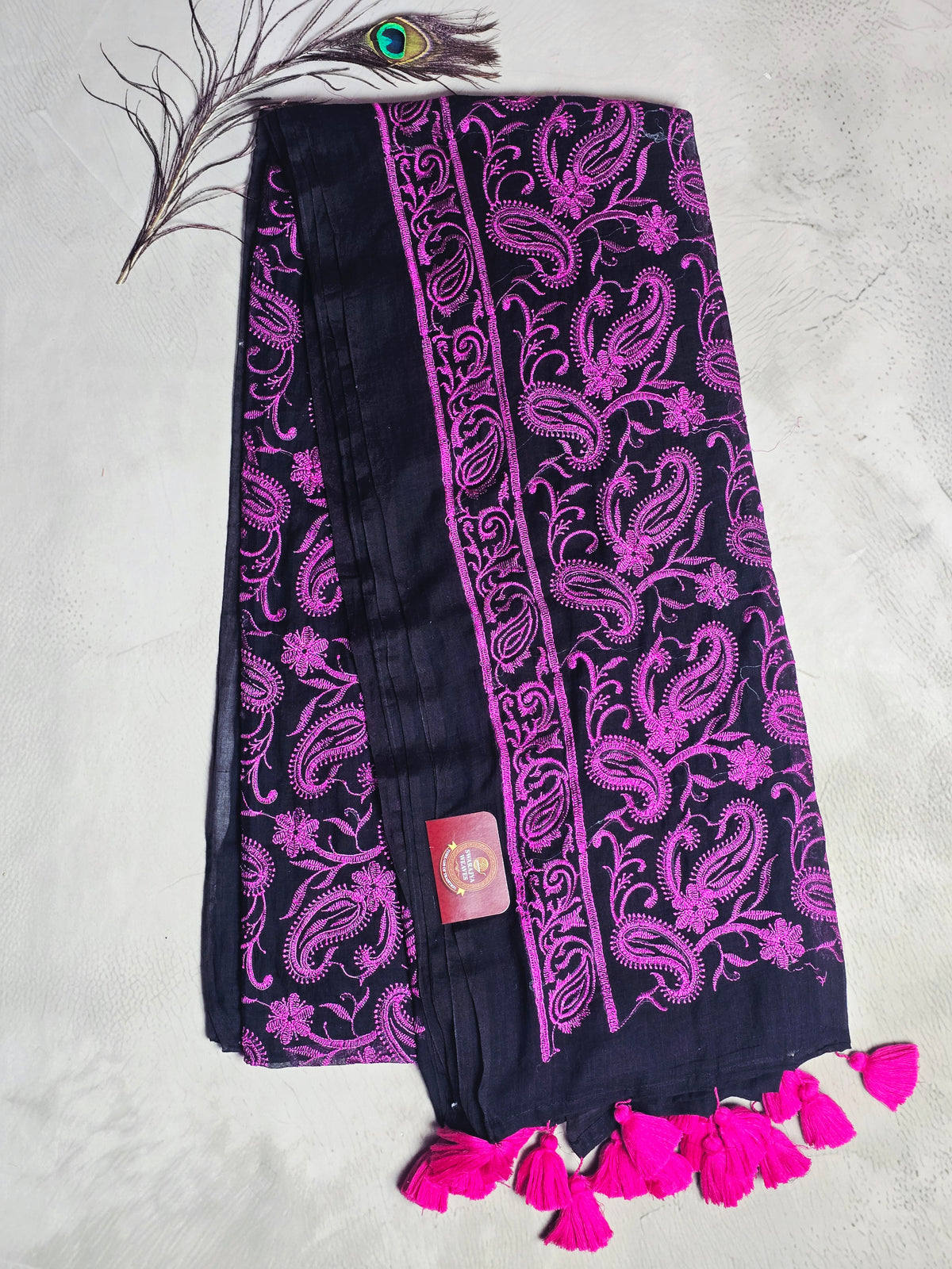 Midnight Black Mul Cotton Saree with Magenta Paisley Embroidery & Tassels
