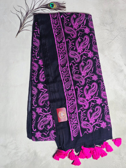 Midnight Black Mul Cotton Saree with Magenta Paisley Embroidery & Tassels