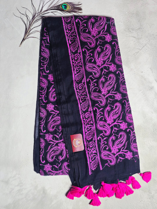 Midnight Black Mul Cotton Saree with Magenta Paisley Embroidery & Tassels