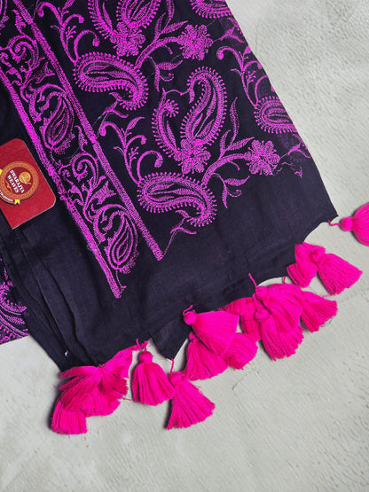 Midnight Black Mul Cotton Saree with Magenta Paisley Embroidery & Tassels
