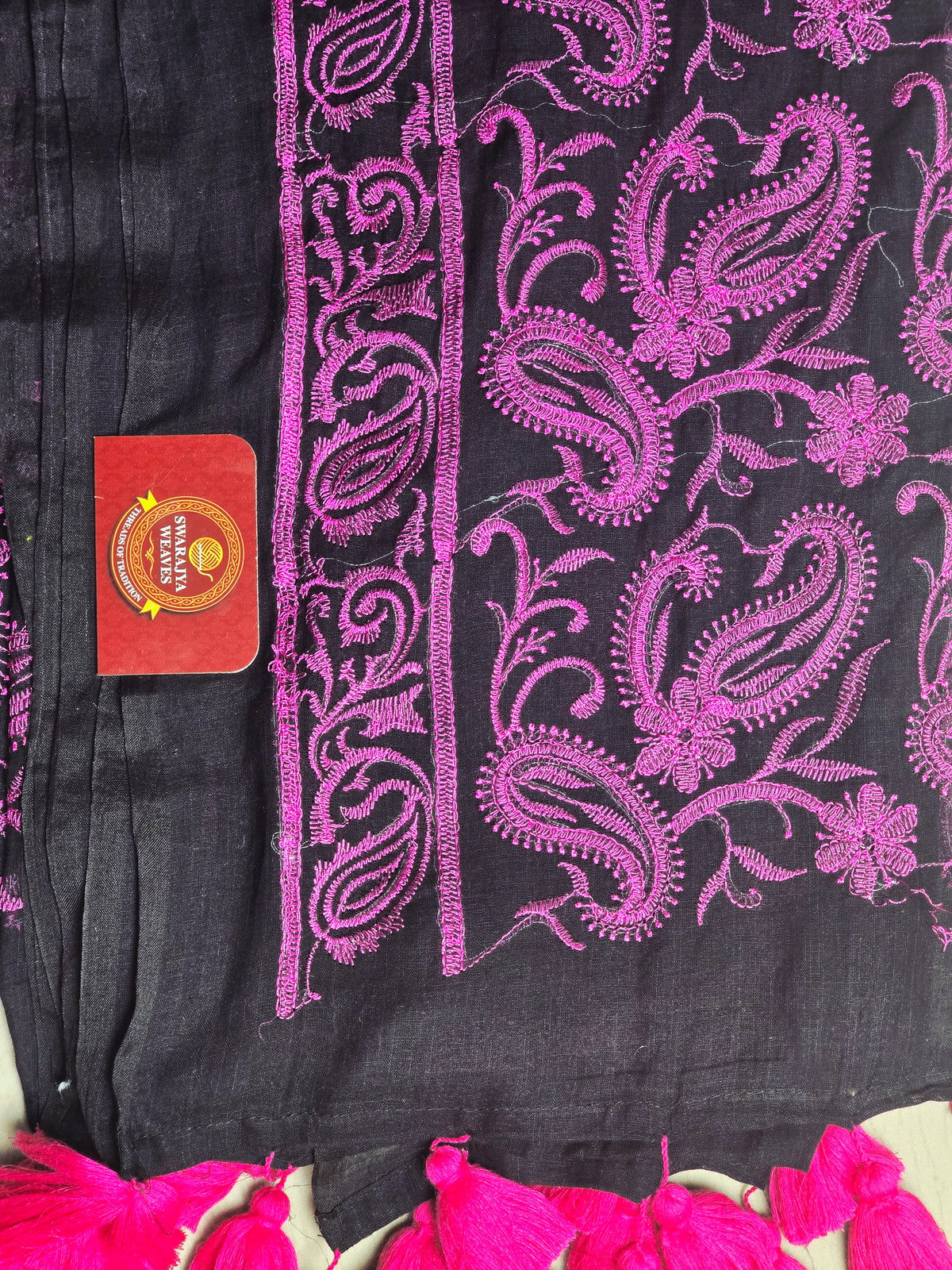 Midnight Black Mul Cotton Saree with Magenta Paisley Embroidery & Tassels