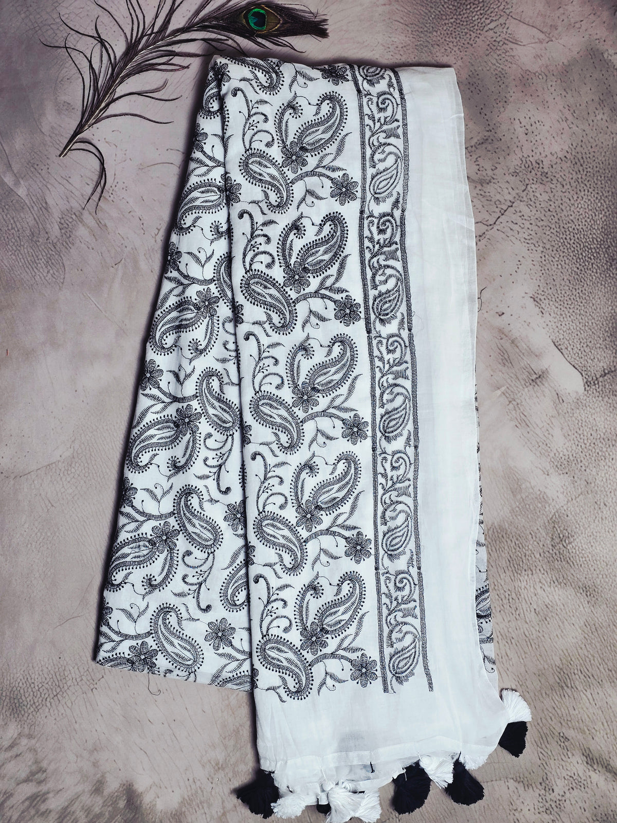 Ivory White Mul Cotton Saree with Black Paisley Embroidery & Tassels