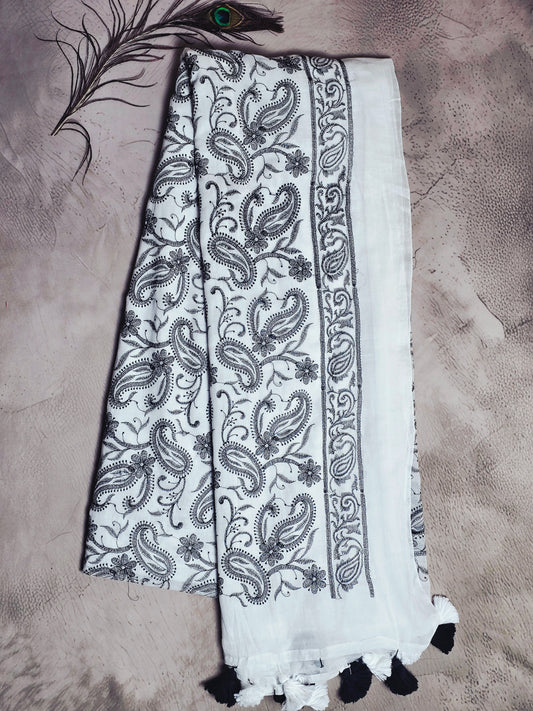 Ivory White Mul Cotton Saree with Black Paisley Embroidery & Tassels