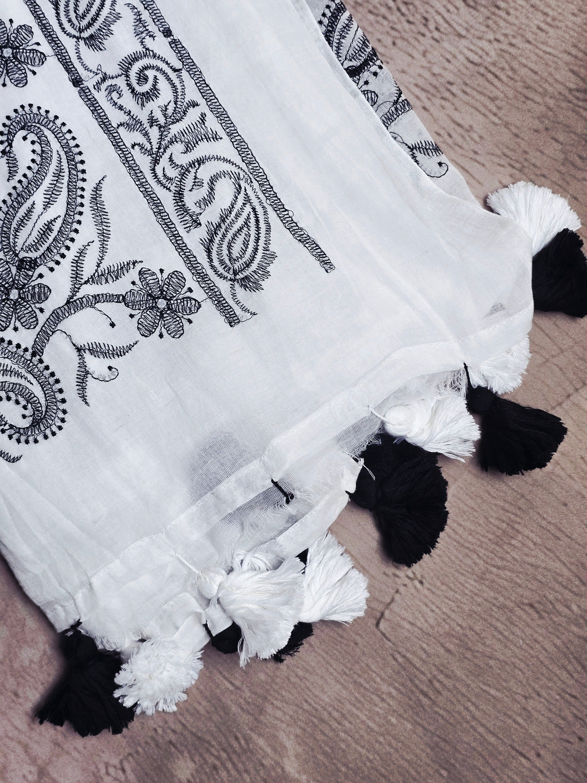 Ivory White Mul Cotton Saree with Black Paisley Embroidery & Tassels