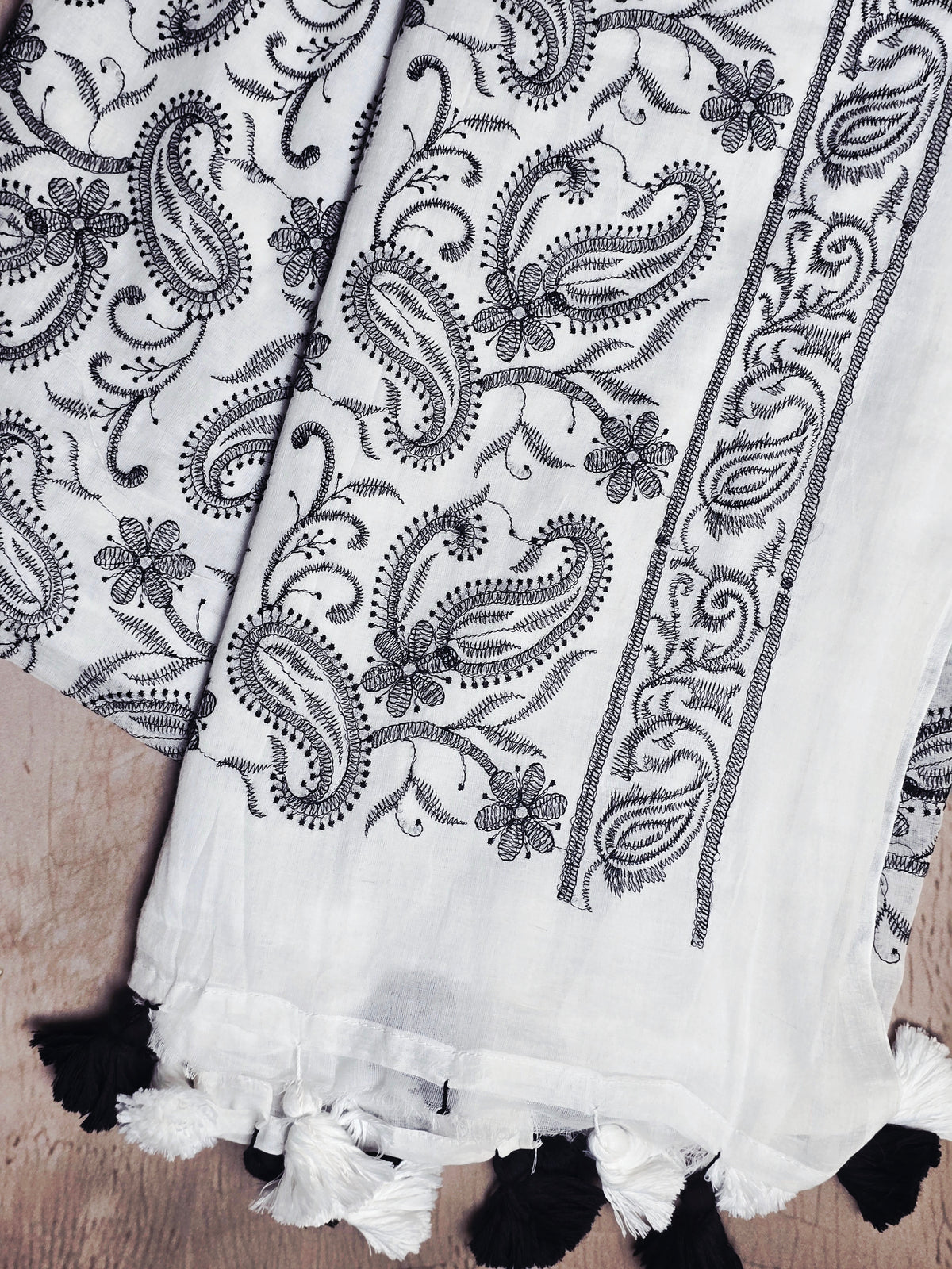 Ivory White Mul Cotton Saree with Black Paisley Embroidery & Tassels